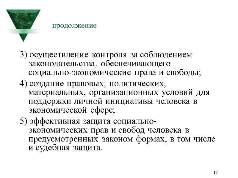 17 продолжение 3) осуществление контроля за соблюдением законодательства, обеспечивающего социально-экономические права и свободы; 4)